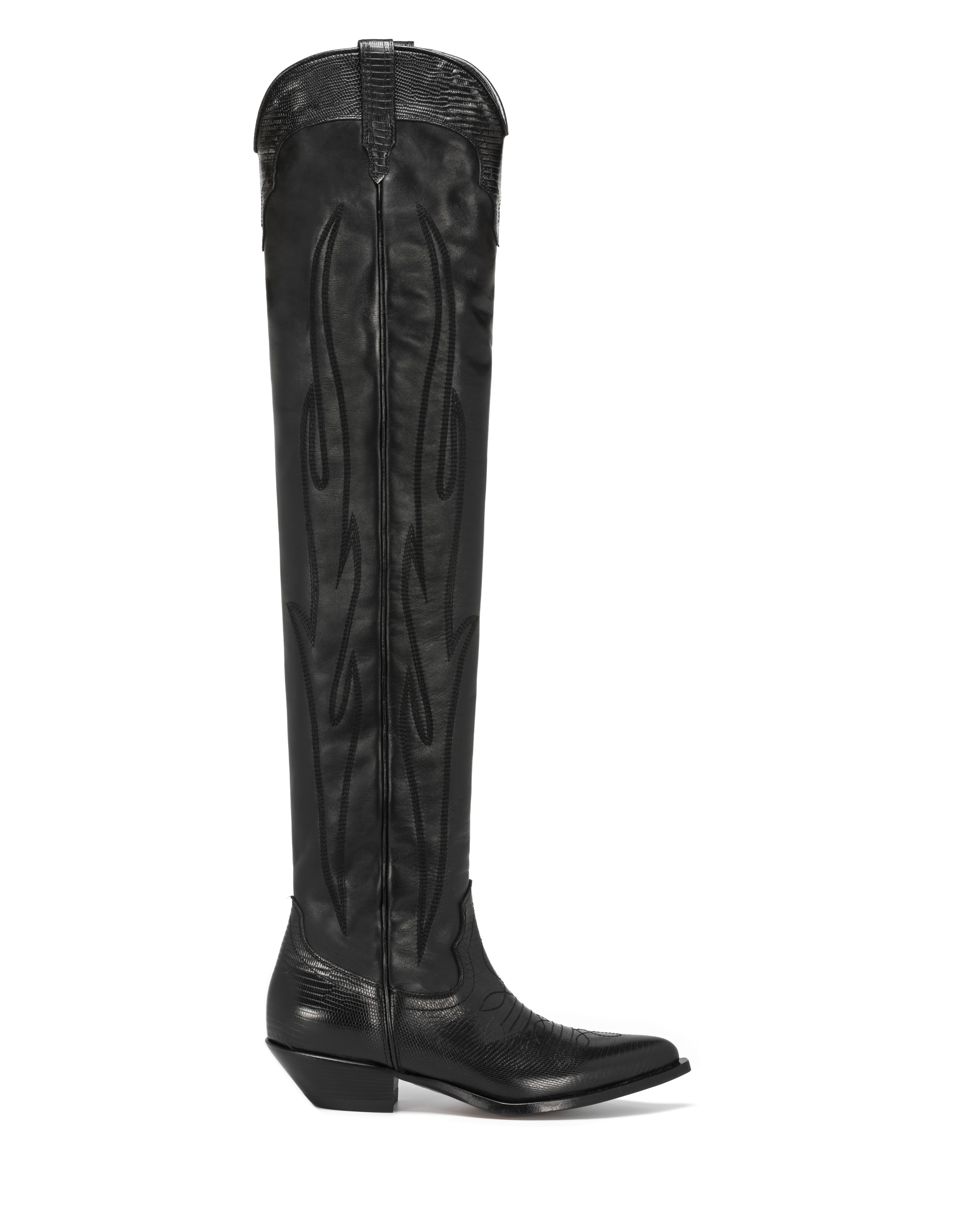HERMOSA Women's Over The Knee Boots in Black Nappa Calfskin & Printed Lizard | On Tone Embroidery