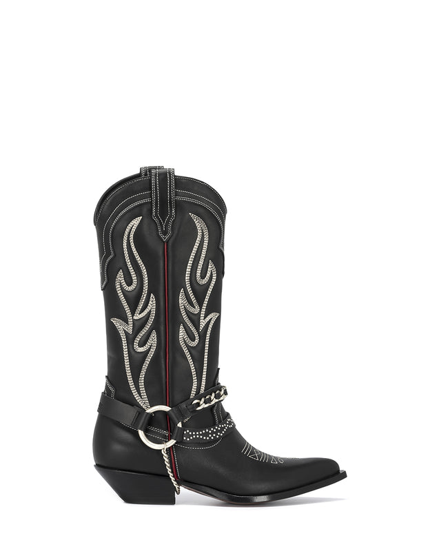 SANTA FE BELT Women's Cowboy Boots in Black Calf with Leather Chain | Ecru Embroidery