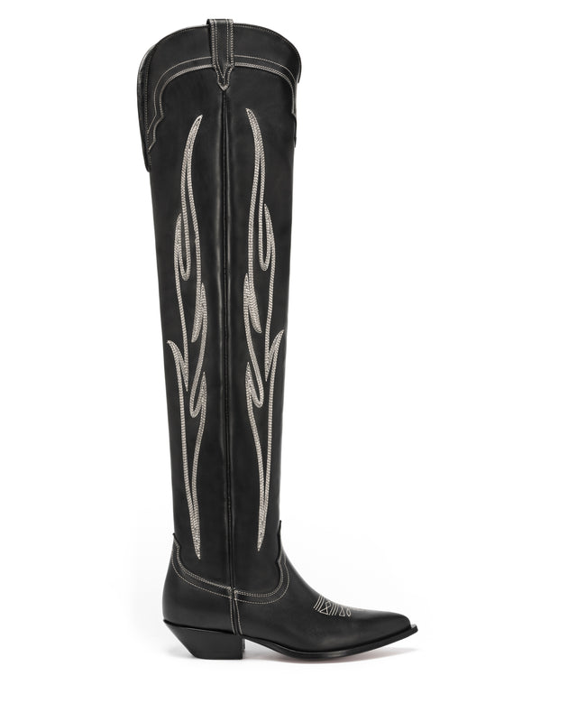 HERMOSA Women's Over The Knee Boots in Black Calfskin | Off-White Embroidery