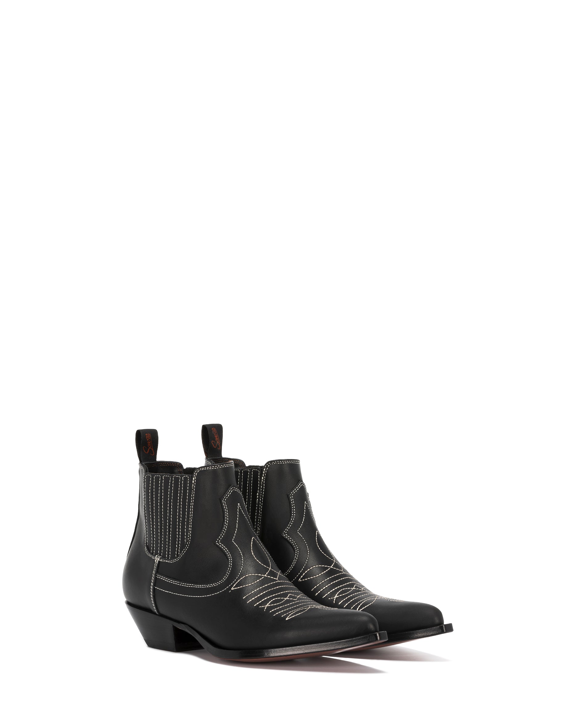 HIDALGO Women's Ankle Boots in Black Calfskin | Ecru Embroidery_02