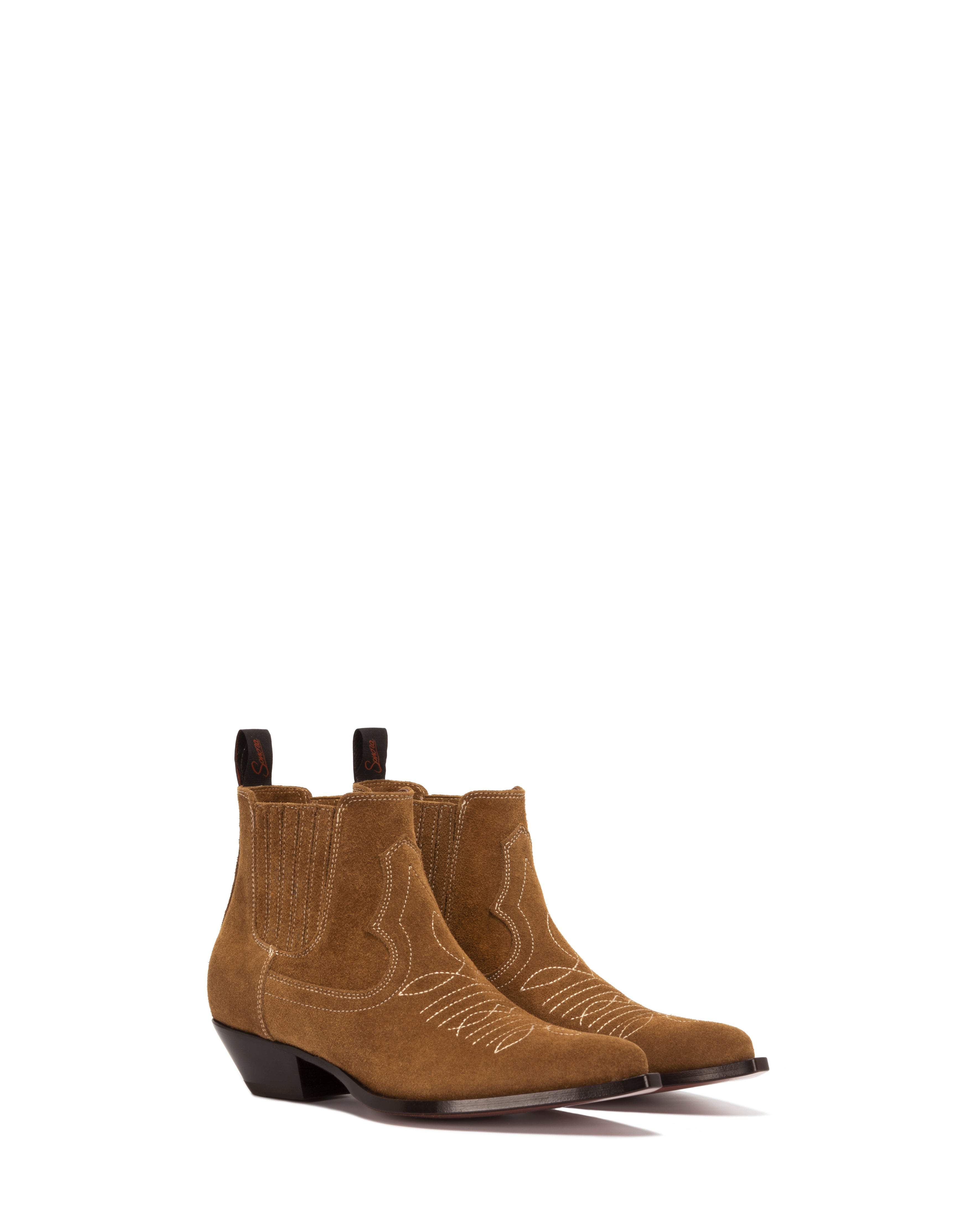 HIDALGO Women's Ankle Boots in Cigar Suede | Ecru Embroidery_02