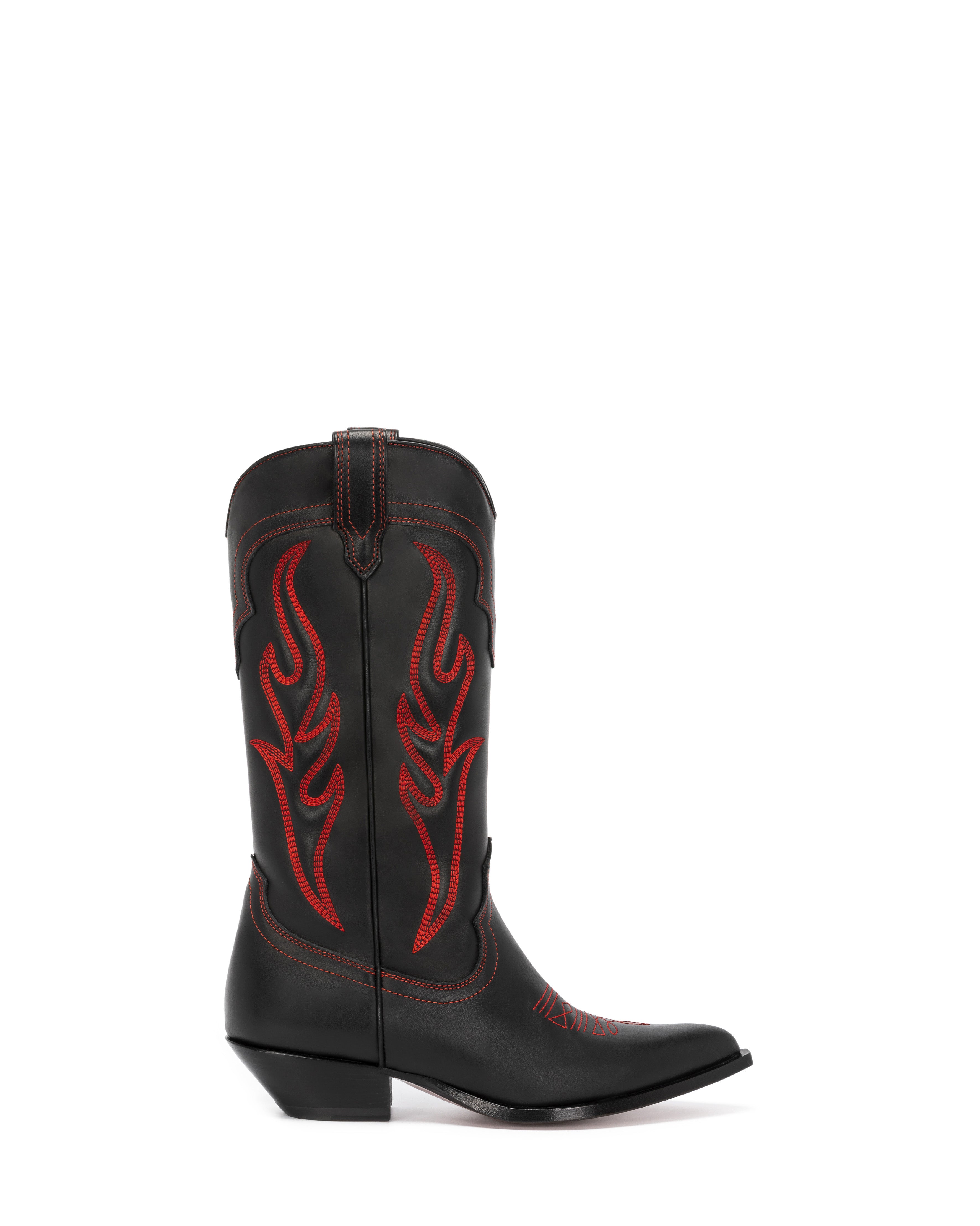 SANTA FE Women's Cowboy Boots in Black Calfskin | Red Embroidery