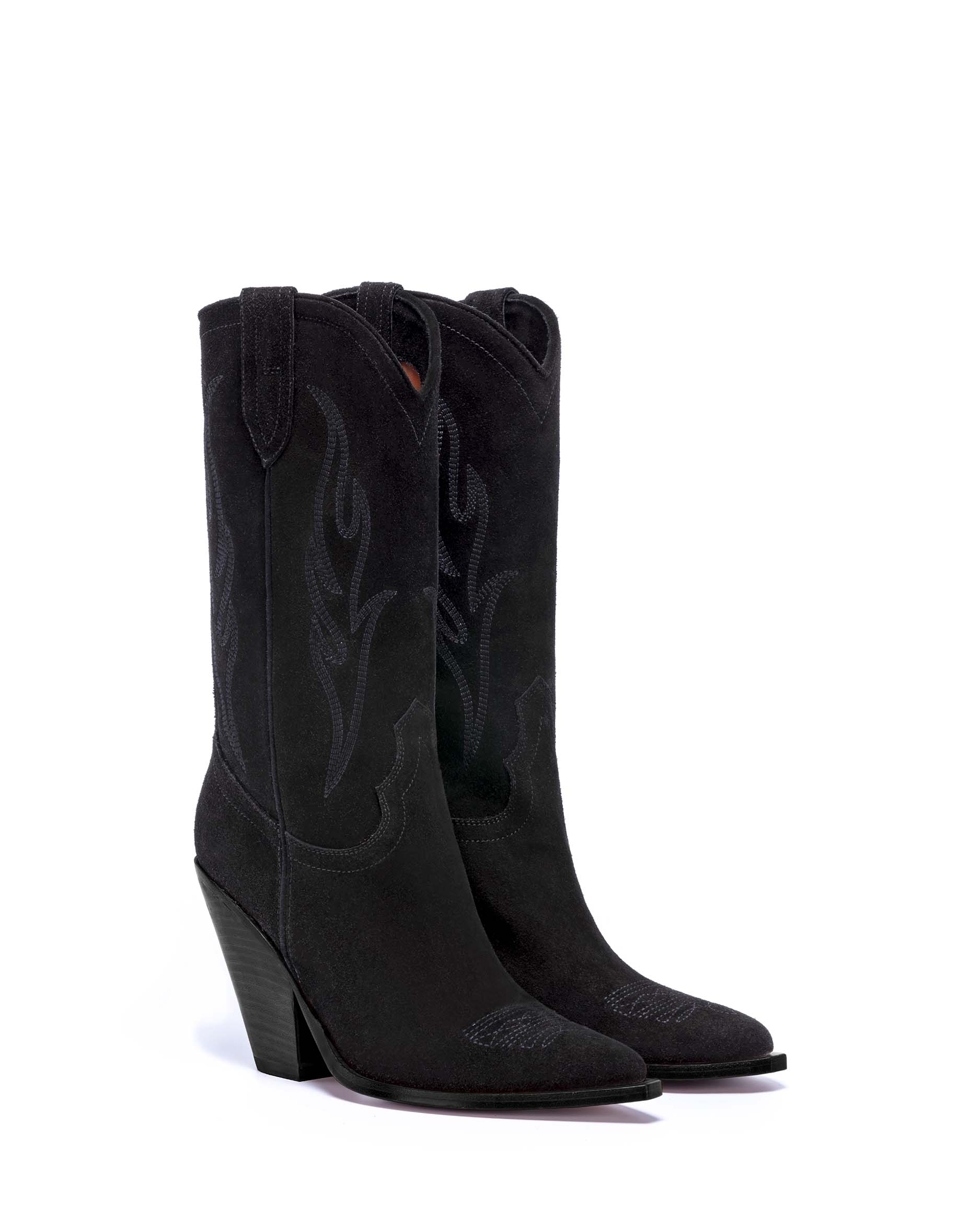 SANTA FE Women's Cowboy Boots in  Black Velour | On Tone Embroidery_Front_02
